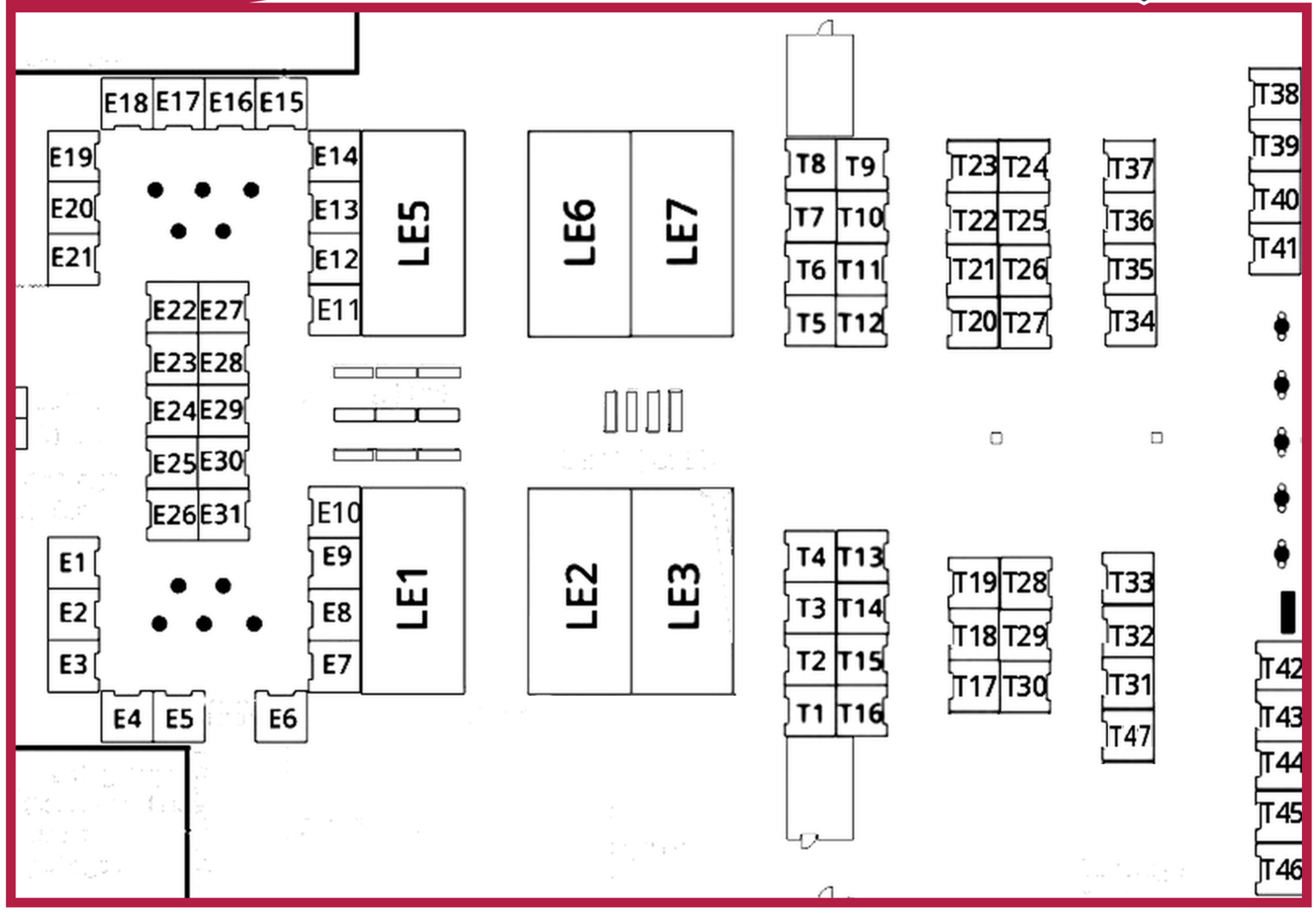 2026 NDACo Exhibit Hall floor plan: Elite booths E1-E31 on the left, Large Equipment spaces in the center, Traditional booths T1-T47 on the right